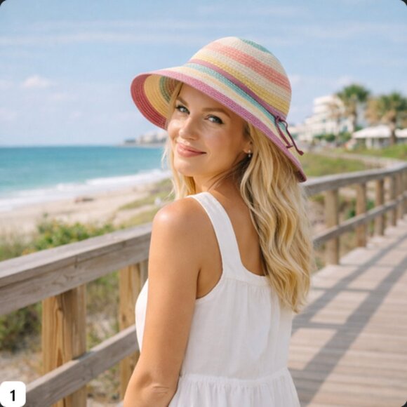 Jaclyn Smith Pastel Stripe Wide Brim Sun Hat | Packable Beach Resort Hat main image 6